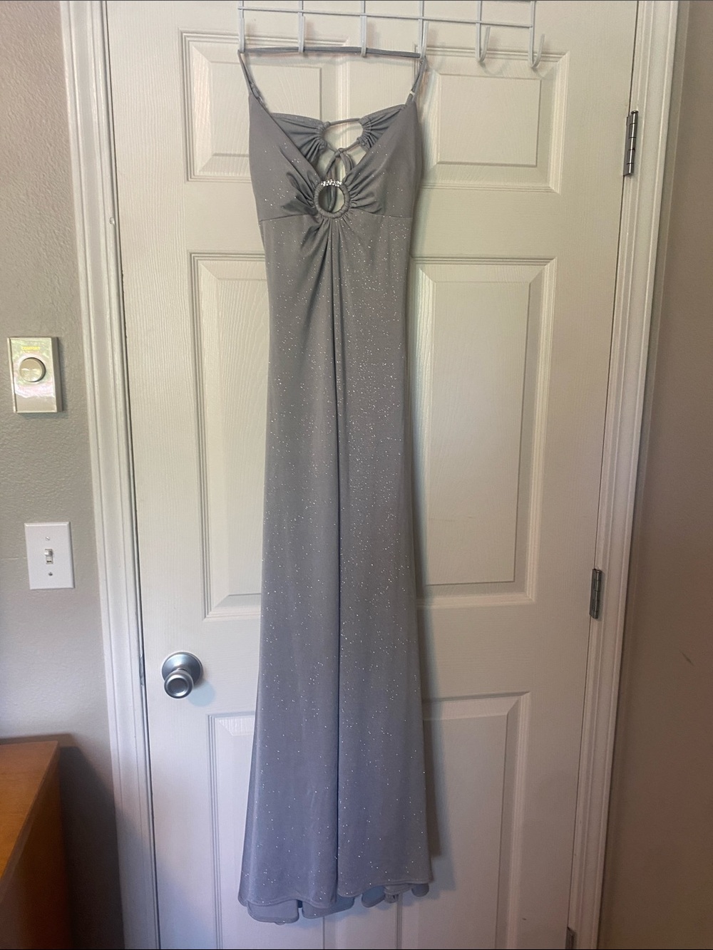 Silver Sparkle Halter Maxi Dress with Decorative Ring